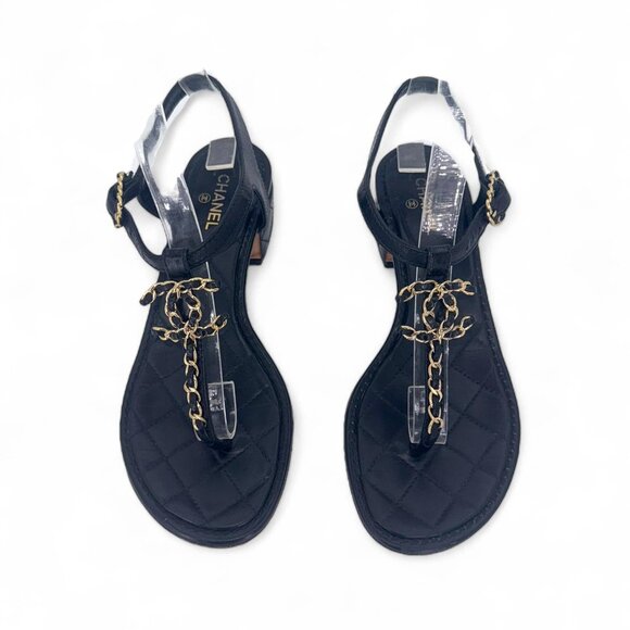 CHANEL Black & Gold CC Logo T-Strap Leather Sandals IT36 - Picture 5 of 10